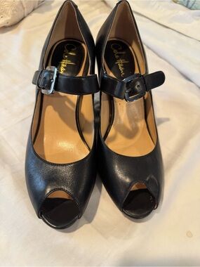 Cole Haan Black Leather Mary Jane Peep-Toe Heels with Buckle